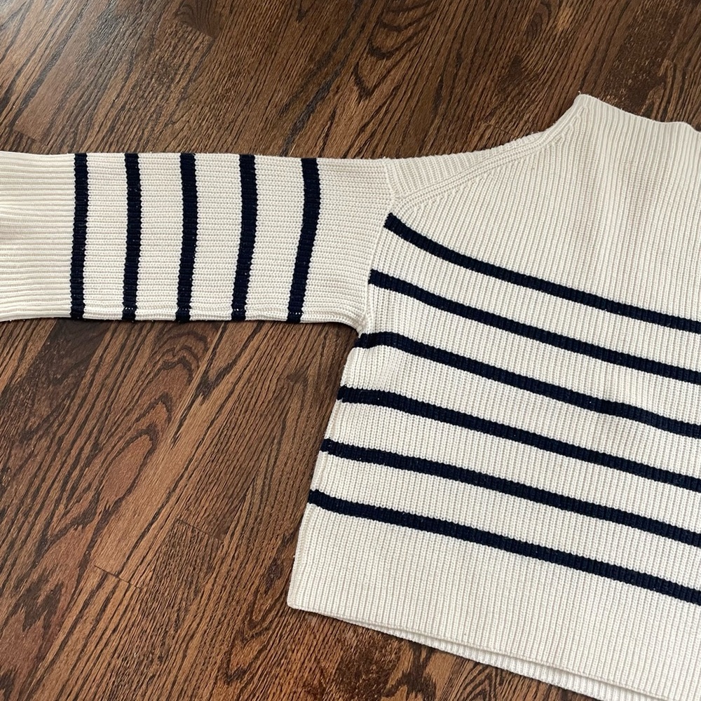 A.L.C. Cream and Blue High Neck Sweater with Boxy Fit and Striped Sleeves - Picture 5 of 6